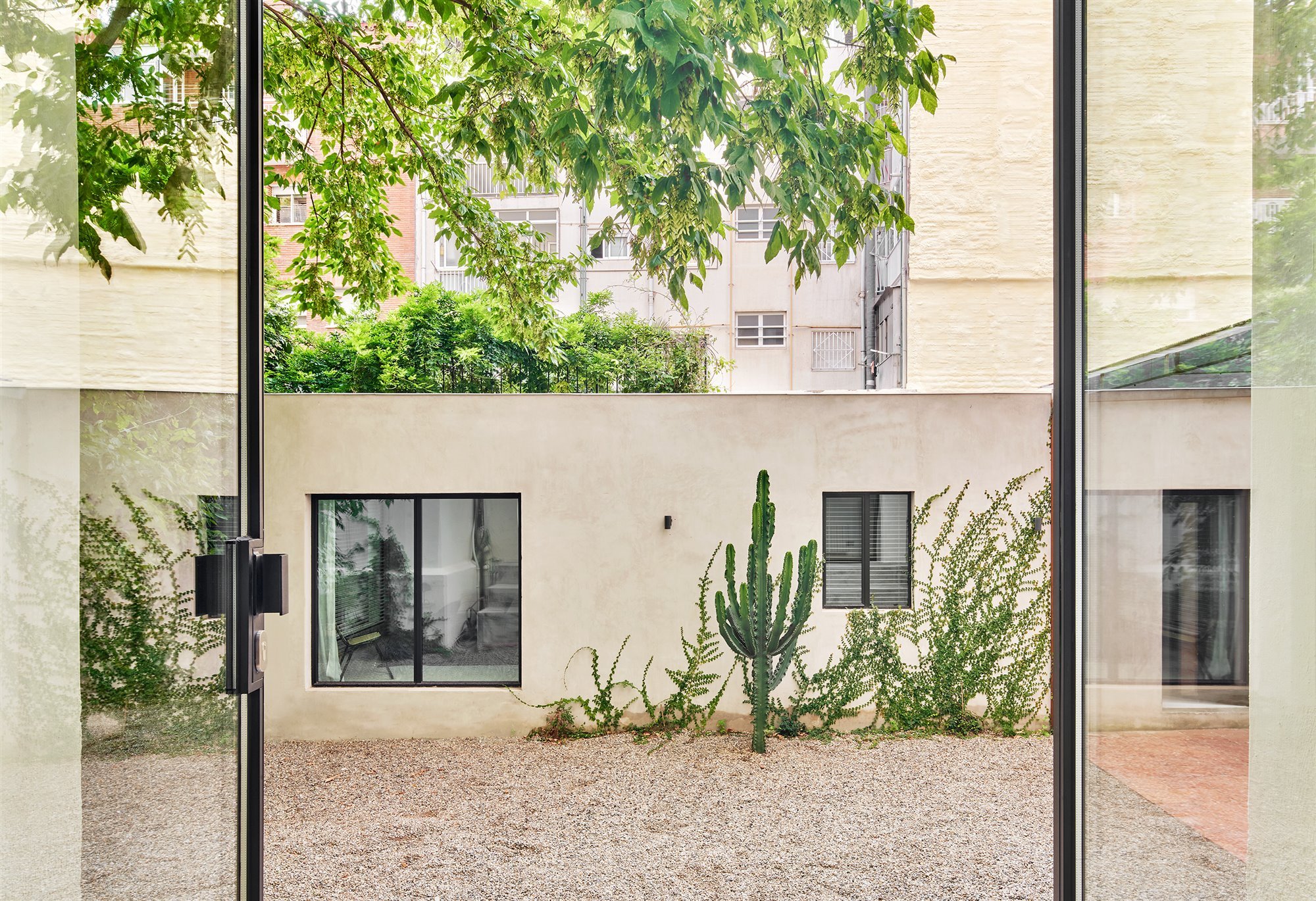 Patio interior con suelo de piedras y cactus