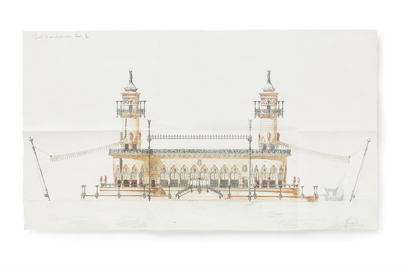 La carpeta de arquitecto incluye un bellísimo proyecto de embarcadero que el artista firmó en 1876, en su época de estudiante.