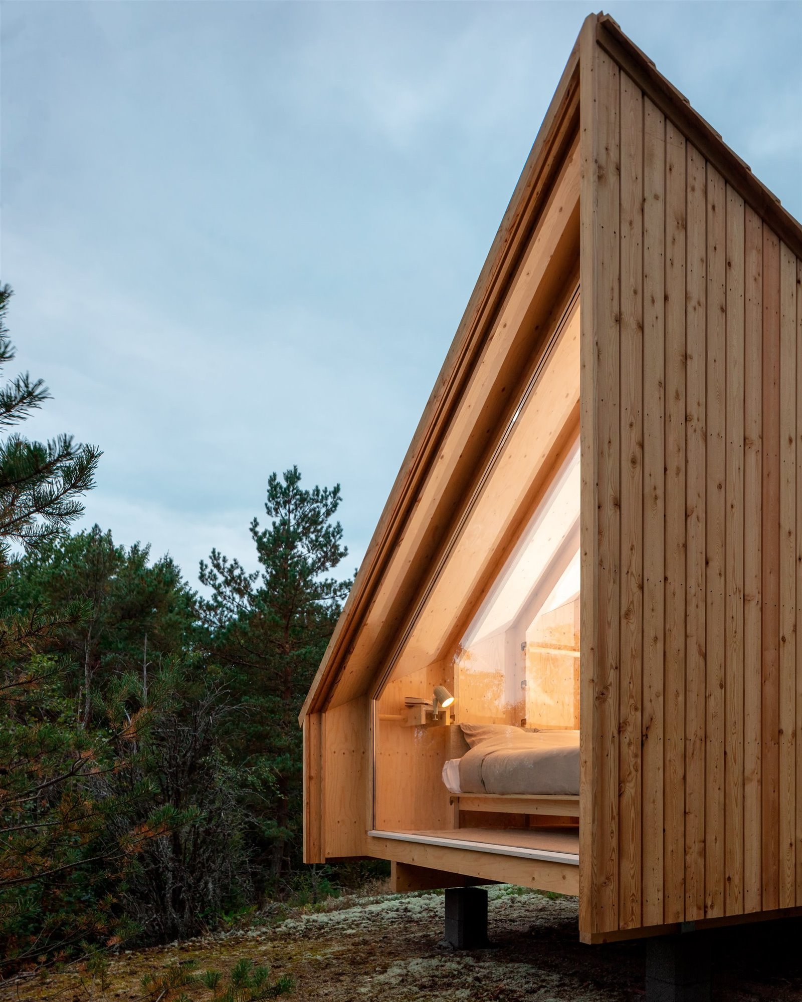 Cabaña en mitad del bosque con luz encendida de madera