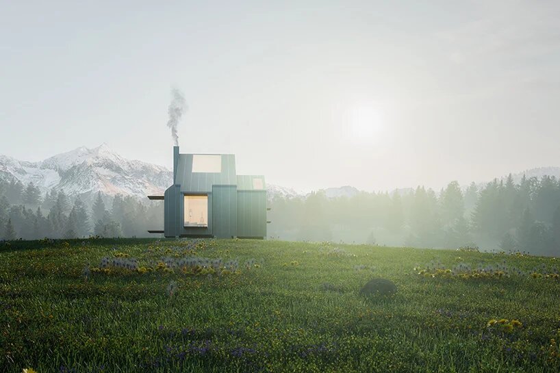 Casa prefabricada para estudiantes diseñada por AMDL circle y Michele de Lucchi en un prado con montañasn