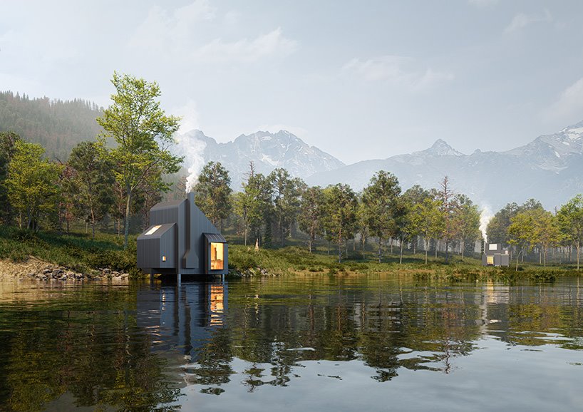 Casa prefabricada para estudiantes diseñada por AMDL circle y Michele de Lucchi junto a un lago