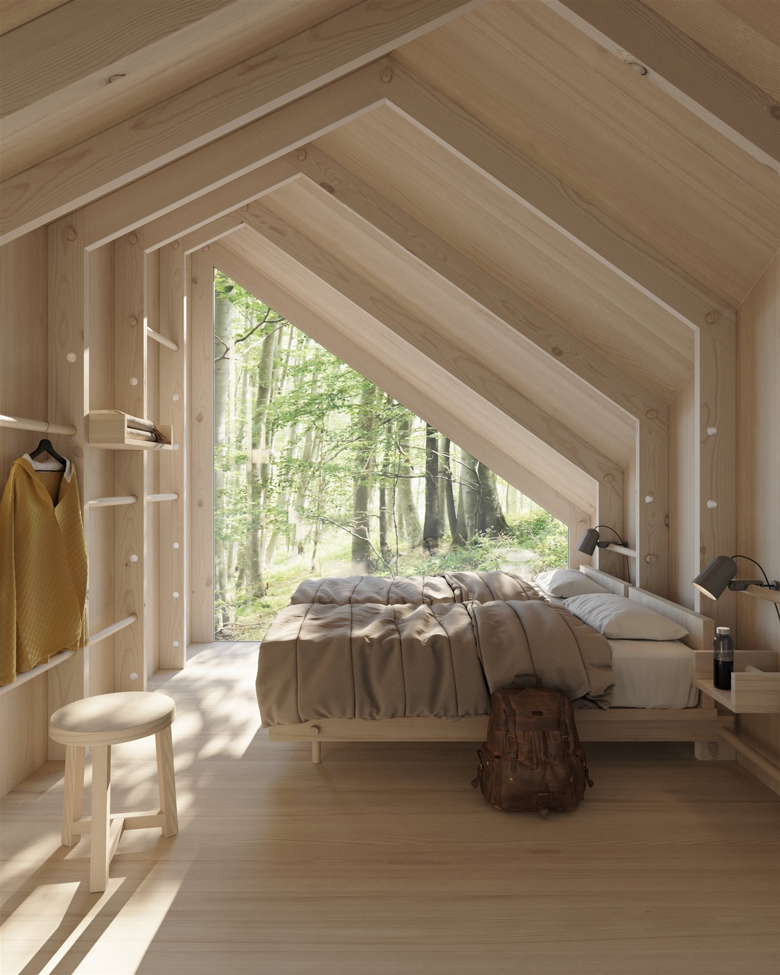 Dormitorio de una cabaña de madera en mitad del bosque