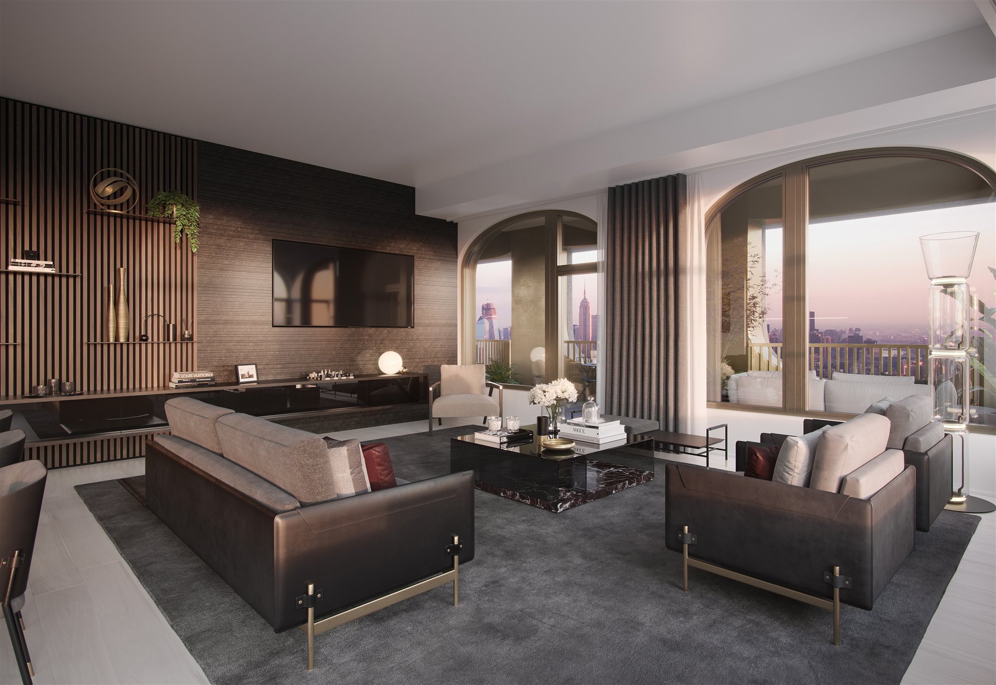Salon con sofas de la casa diseñada por David Adjaye para Aston Martin