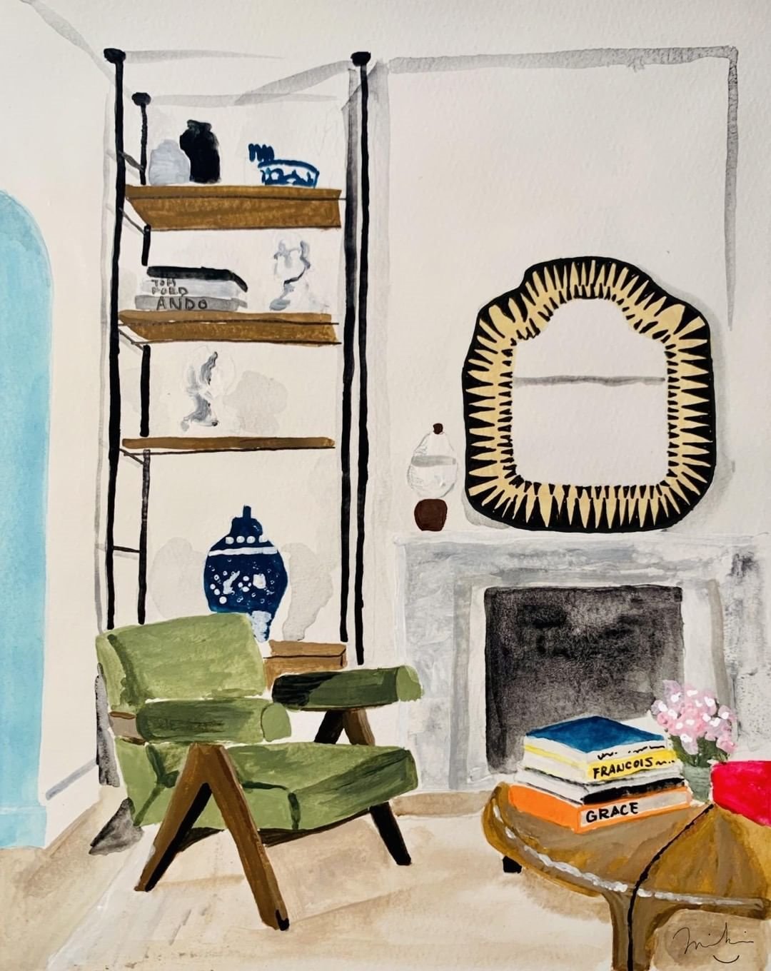 Ilustracion de un salon con sofa verde