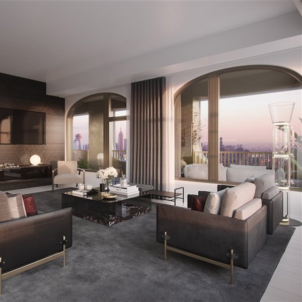 Salon con sofas de la casa diseñada por David Adjaye para Aston Martin
