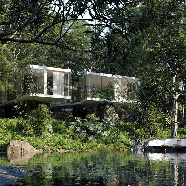 Casa moderna junto a un lago con paredes de cristal