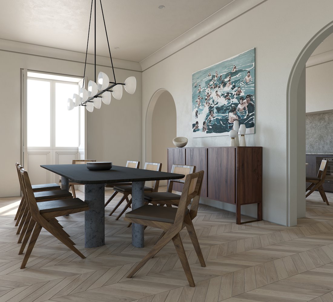 Comedor con silla de madera y mesa de color negro