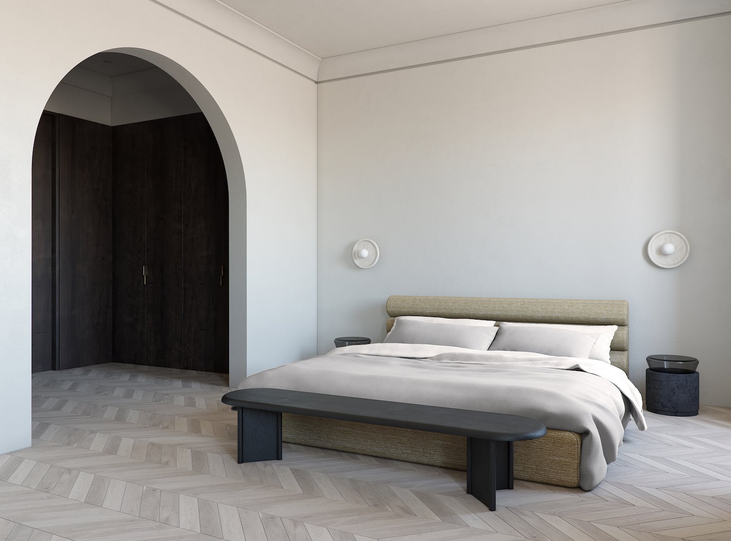 Dormitorio de una casa moderna con arco en la pared