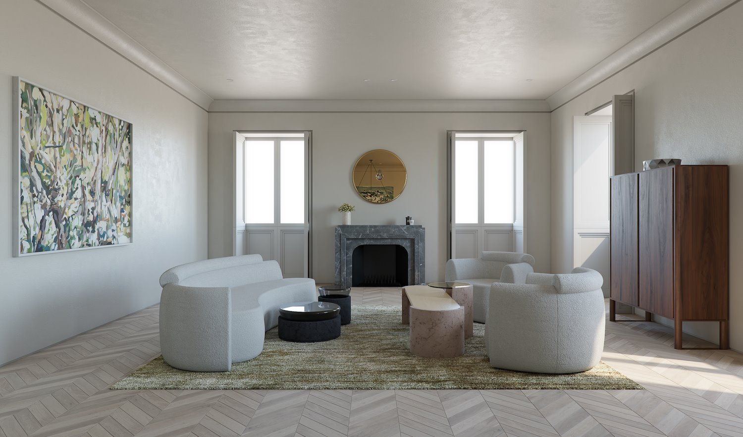 Salon con chimenea de una casa moderna