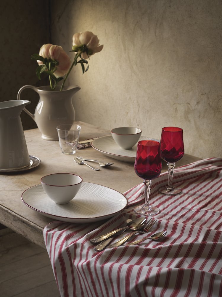 Copas de color rojo y vajilla blanca con ribete de Ikea. Un brindis especial