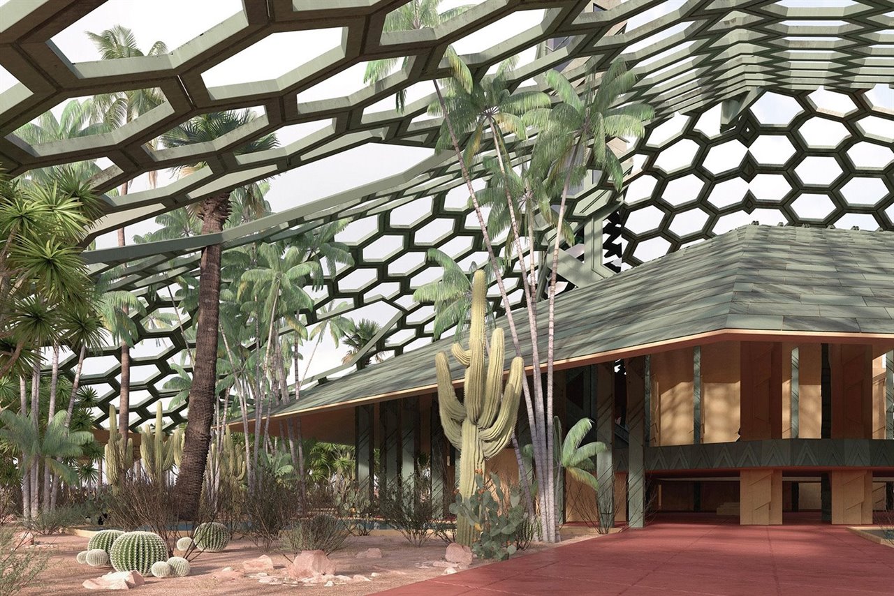 Bajo la cubierta crecerían plantas que darían cobijo a los pájaros e integrarían la arquitectura en el paisaje desértico de Arizona.