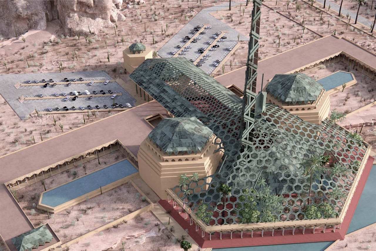 El gran pabellón central estaría rodeado de construcciones auxiliares y de jardines de cactus con estanques y fuentes.