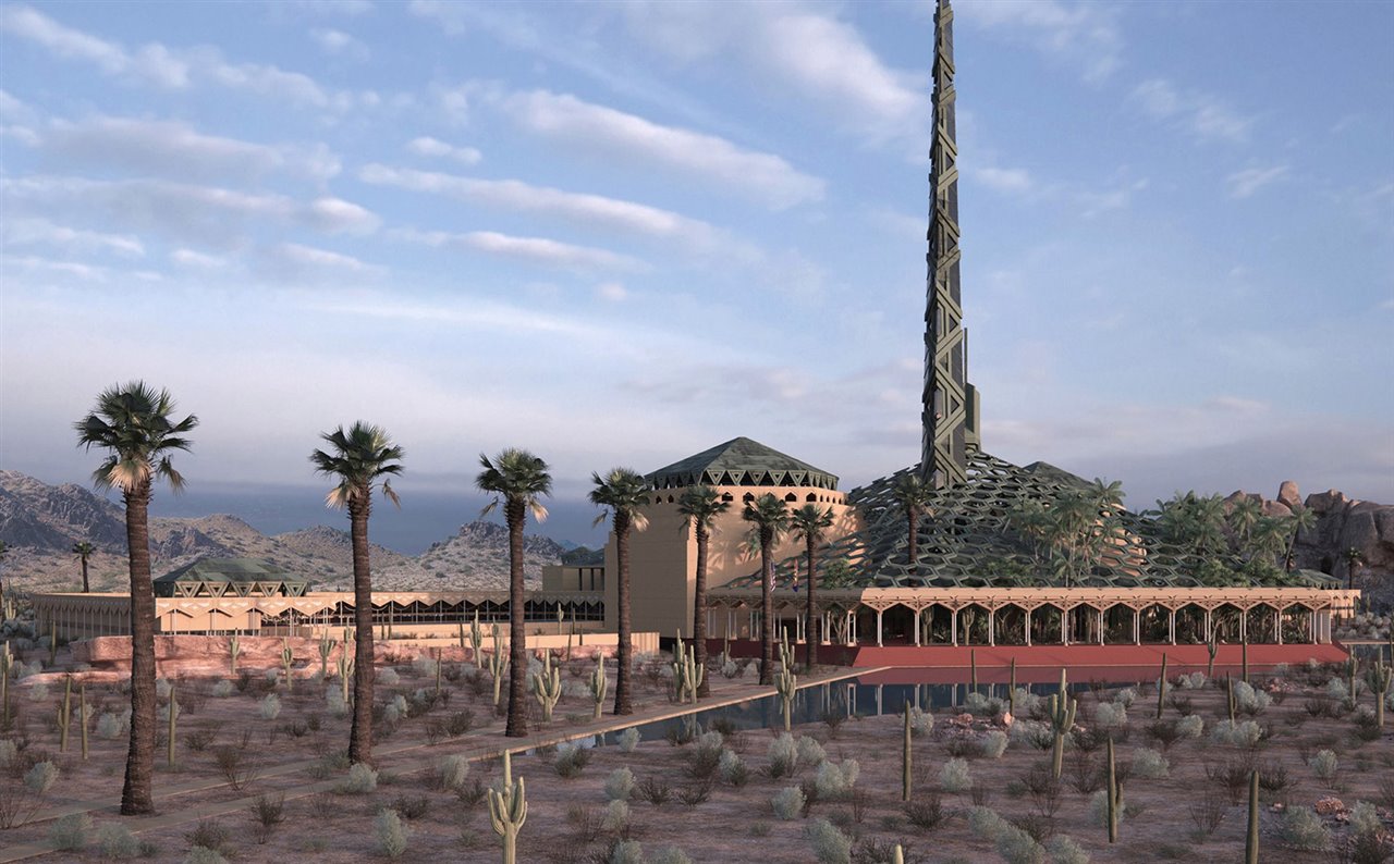 Frank Lloyd Wright imaginó para su proyecto Arizona Capitol un gran pabellón rematado por una cubierta permeable a la luz natural y una torre de comunicaciones vertical.