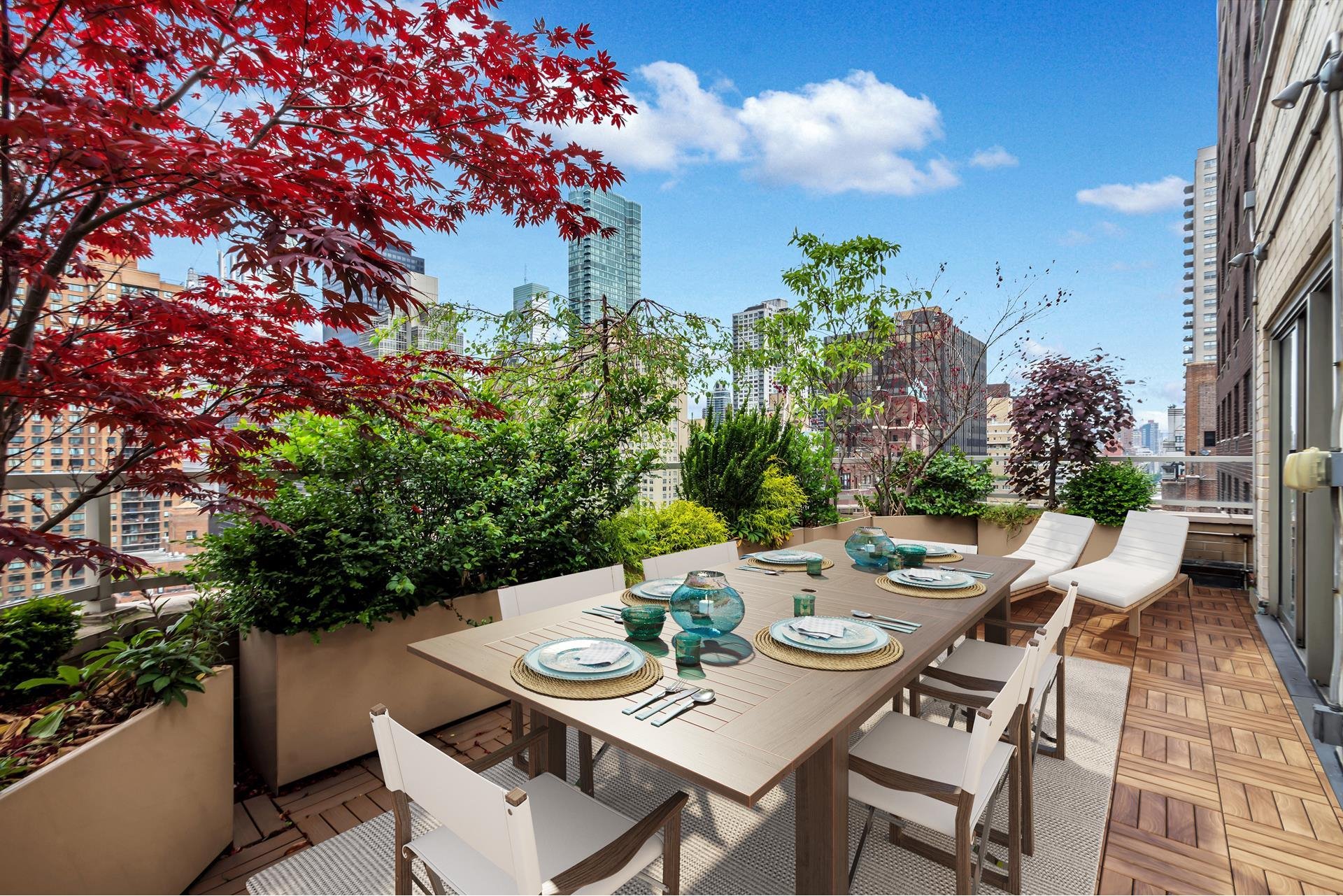 Terraza con comedor exterior de la casa de Scarlett Johansson en Nueva York