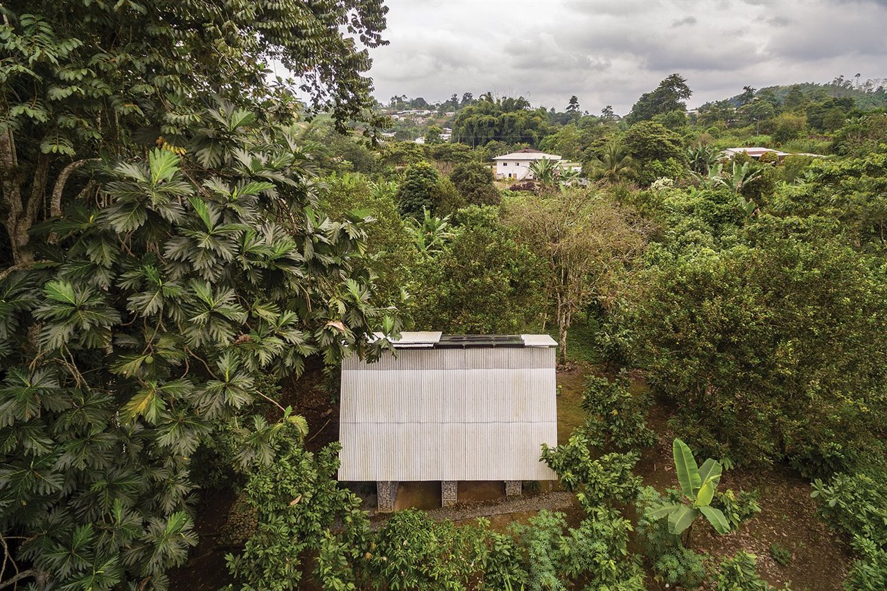 La construcción se integra en un paisaje exuberante de cocoteros, bananos y naranjos.