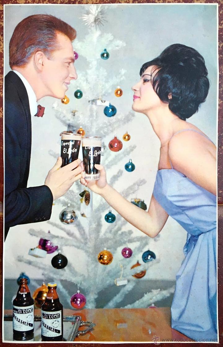 Cartel publicidad pareja celebrando la navidad en los años cincuenta. 1958 
