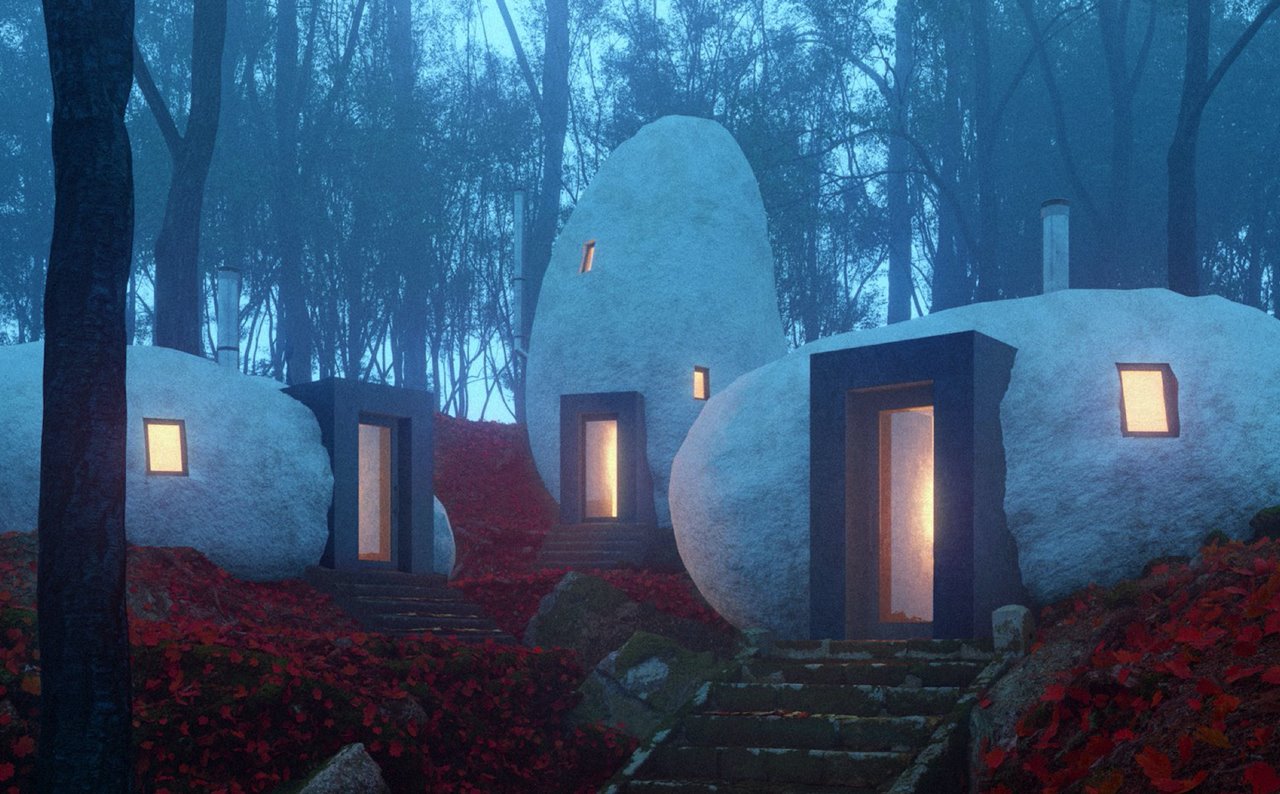 Un  bosque de pinos con niebla algo brujeril, para acentuar la atmósfera misteriosa alrededor de las cabañas como dólmenes nevados que imaginaron Mary y David Jilavyan