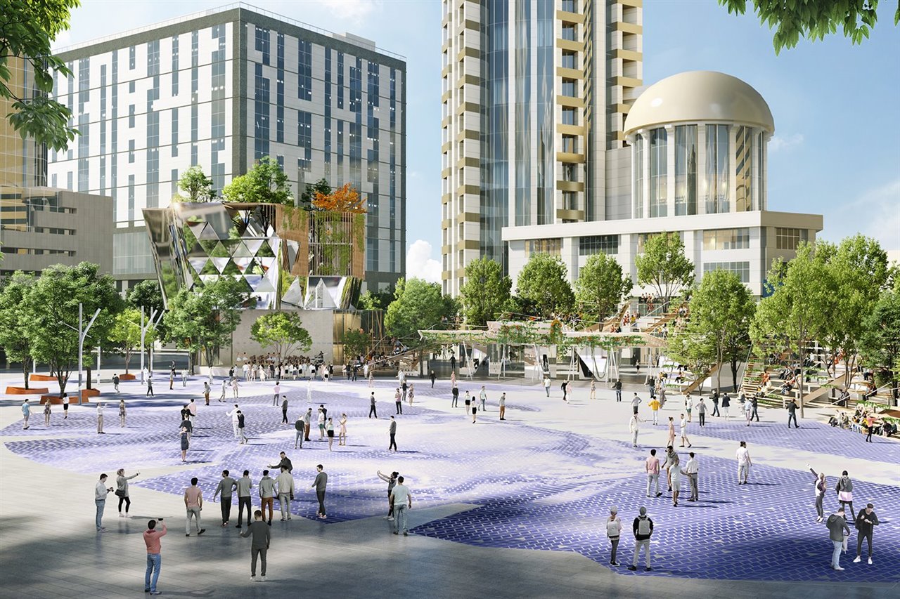 El diseño de la plaza es una representación a la vez funcional y simbólica de la riqueza submarina de la ciudad y de sus necesidades actuales de aire respirable y vegetación, de tiendas y de conciertos.