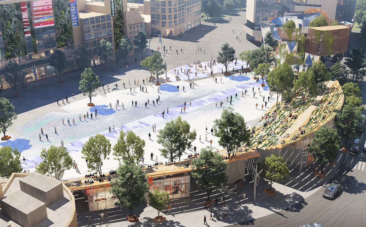 El proyecto del estudio Miralles Tagliabue EMBT ha convertido la Plaza del Siglo de Shanghái en un escenario urbano con gradas verdes y explanada azul, un lugar de usos y funciones múltiples.