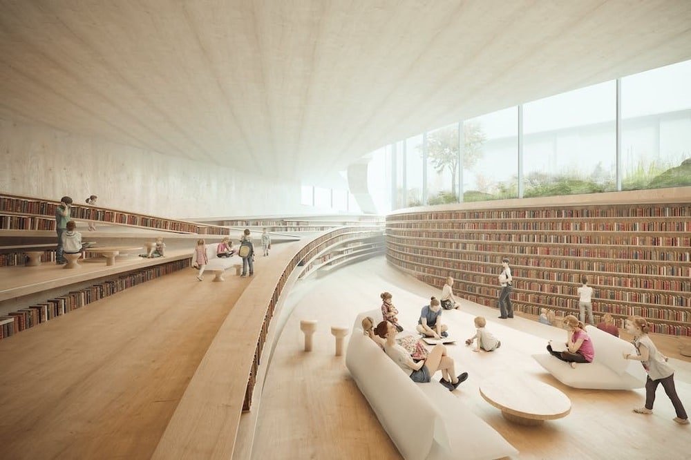  Con su fachada de vidrio de suelo a techo y su interior de madera clara, la nueva biblioteca alentará a los visitantes a explorar las obras de Ibsen y de una gran colección de autores. 