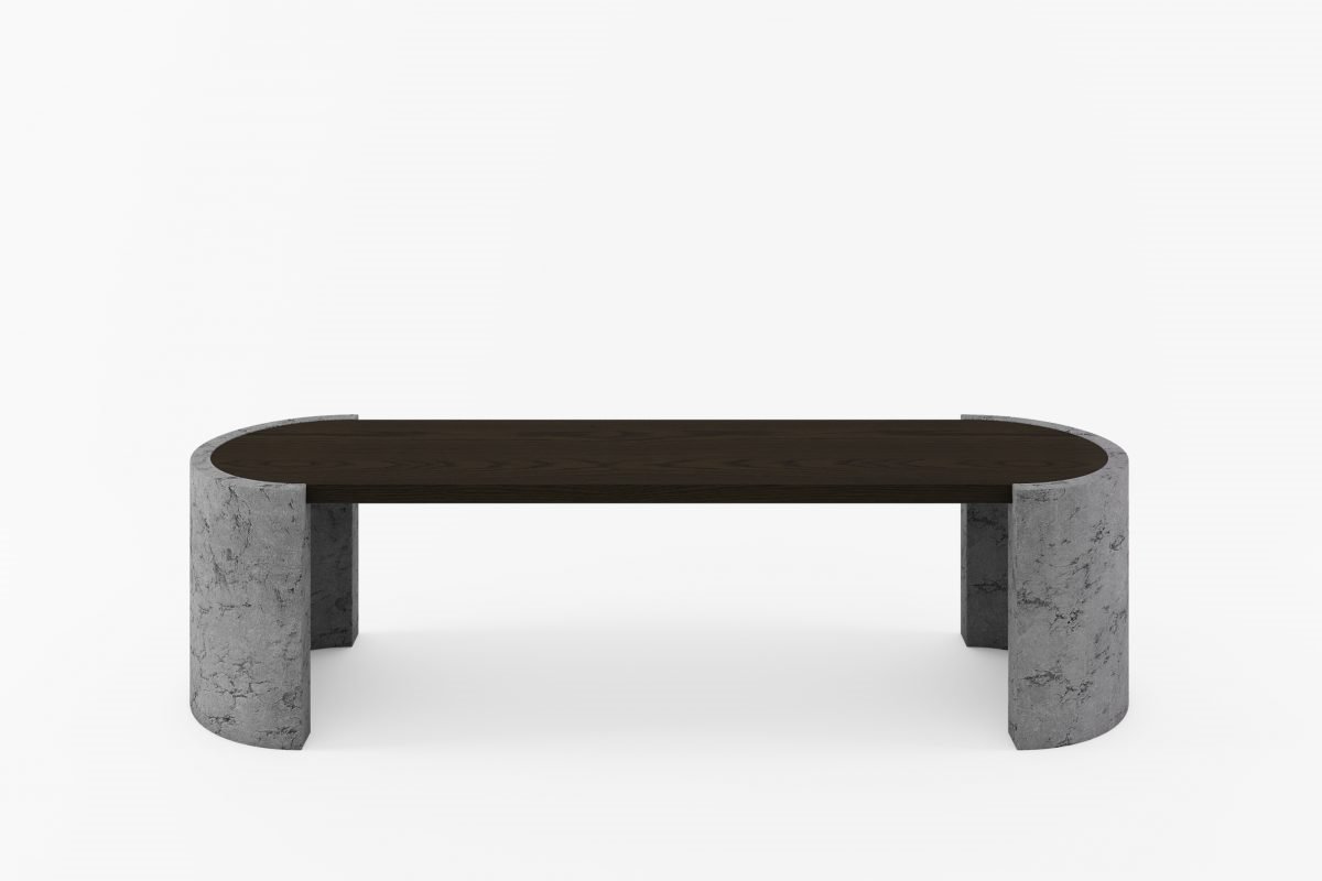 La mesa de comedor Geo combina rotundidad y calma con la mezcla de hormigón y madera en roble o nogal.  