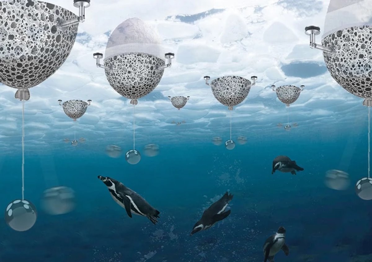 El sistema se divide en dos: en la parte superior, el iglú flotante para amparo de los pingüinos, y su mitad invertida, parecida a una esponja marina, que enfría las aguas.