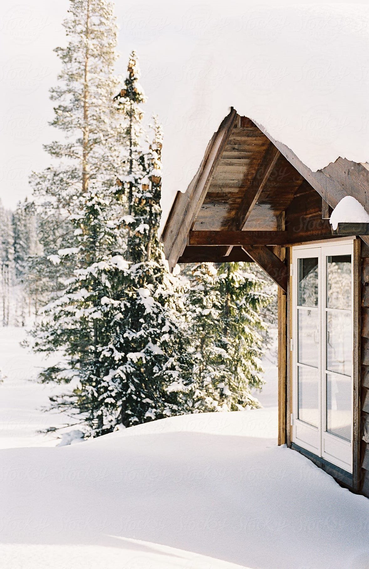 Cabaña de montaña con nieve