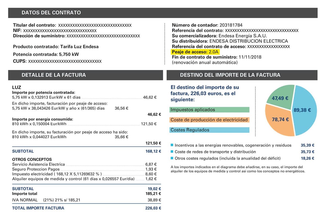 En este caso, al tratarse de una potencia contratada inferior a 10 kW sin discriminación horaria, la tarifa o peaje de acceso es 2.0A.