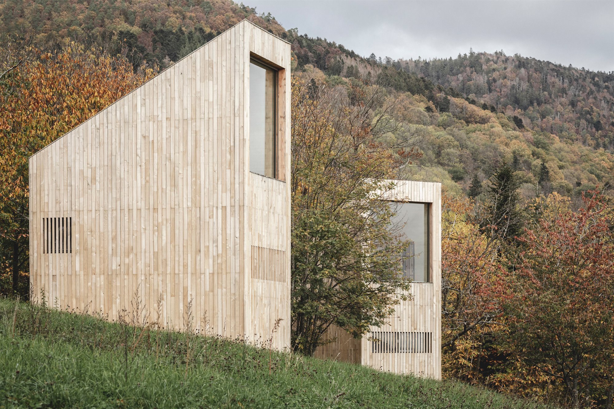 Hotel en forma de cabañas en un bosque de Francia con vistas