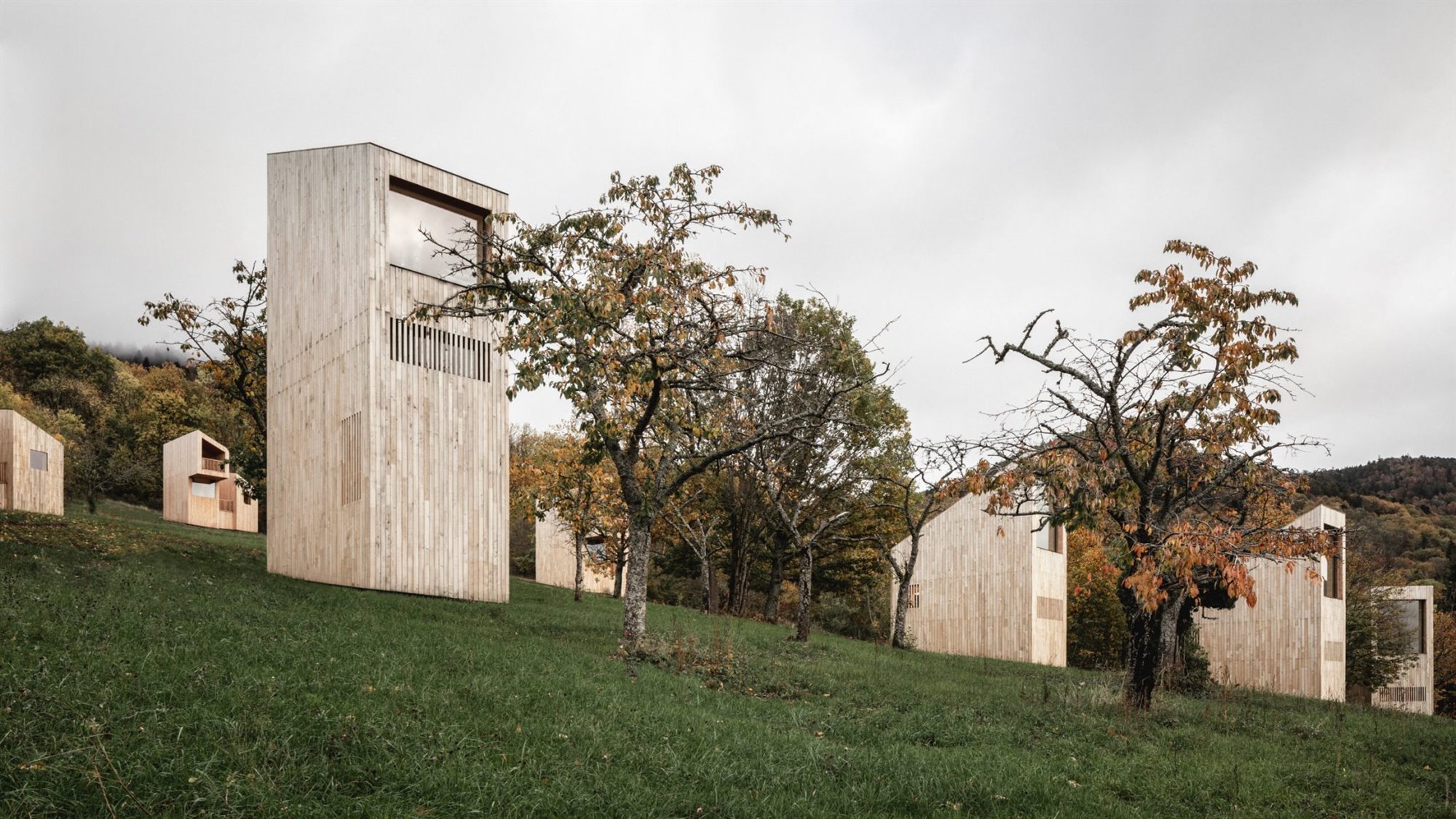 Hotel en forma de cabañas en un bosque de Francia conjunto