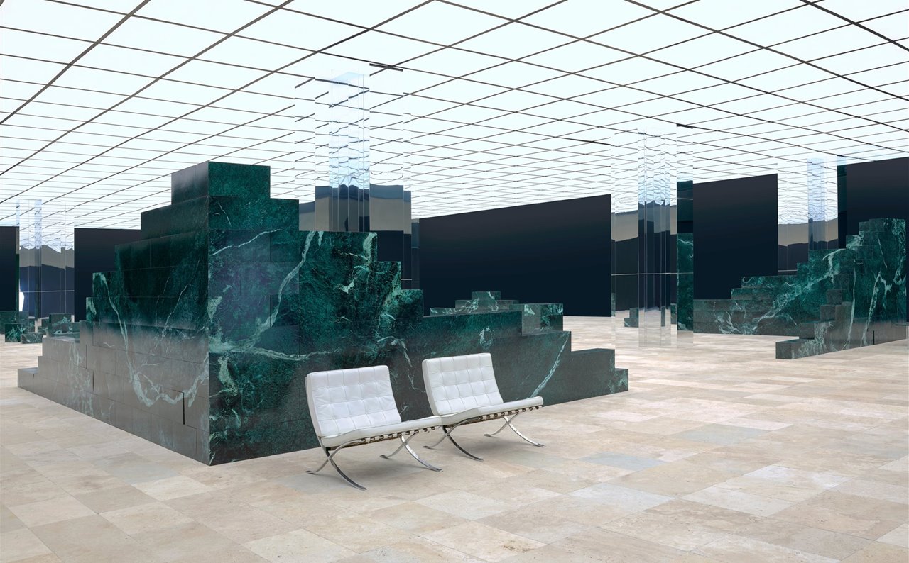 Un escenario inspirado en el Pabellón Barcelona de Mies van der Rohe acogió la presentación de la colección masculina de Louis Vuitton.