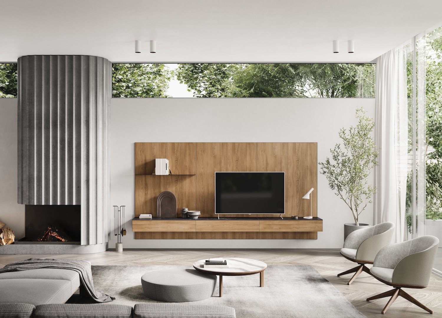salon con chimenea y plantas