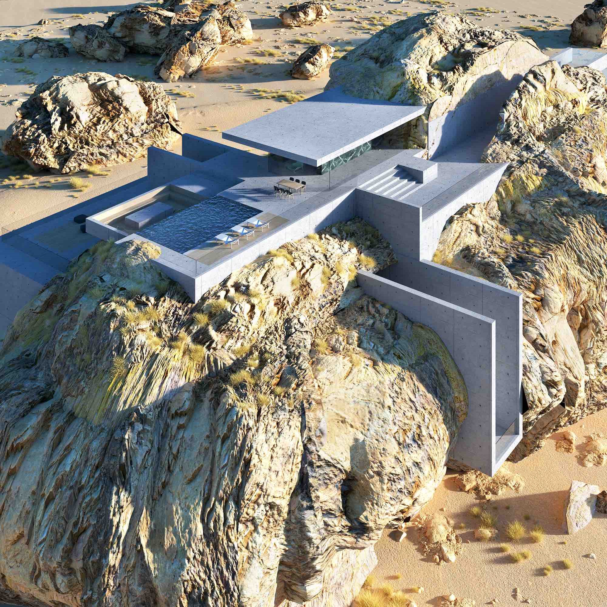 Proyecto en render 3d de una casa en una roca