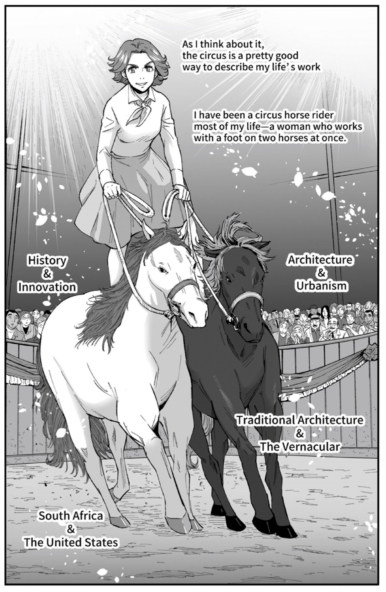 "Un circo es un buen símil para describir el trabajo de mi vida", dice la versión manga de Denise Scott Brown. 