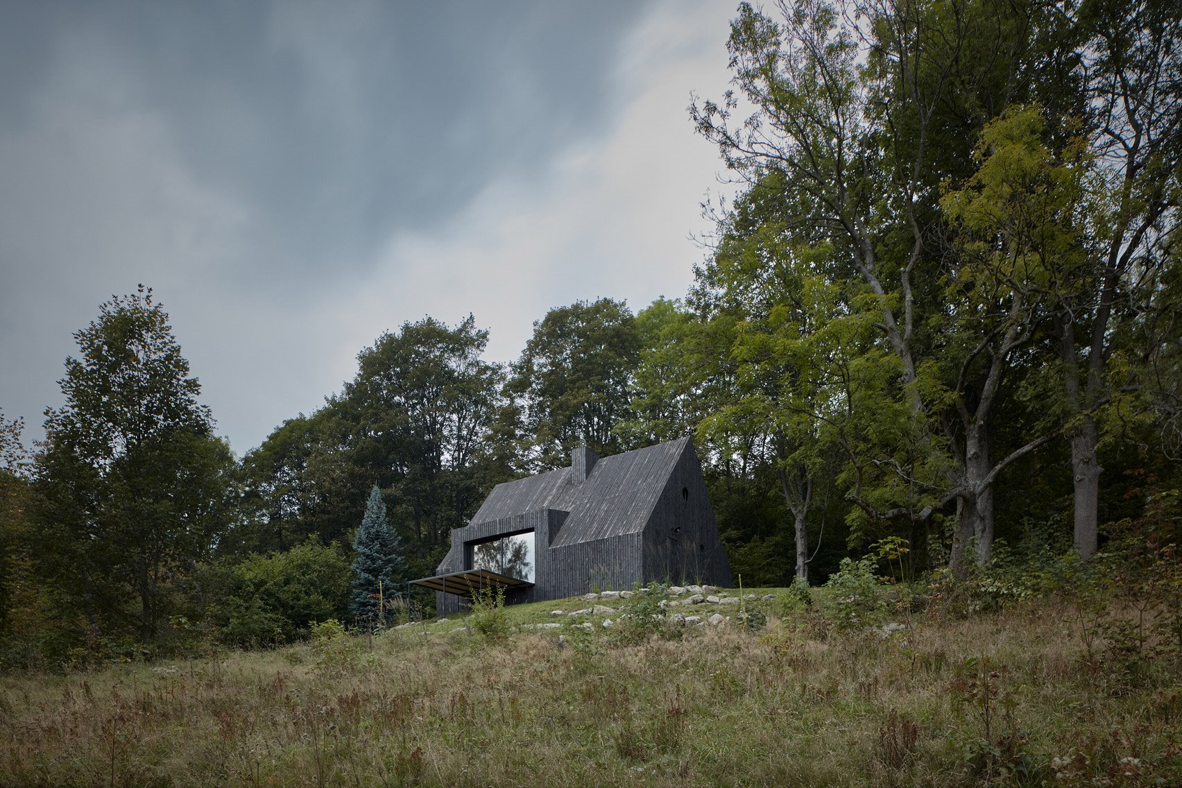 Casita de madera negra en el bosque fachada