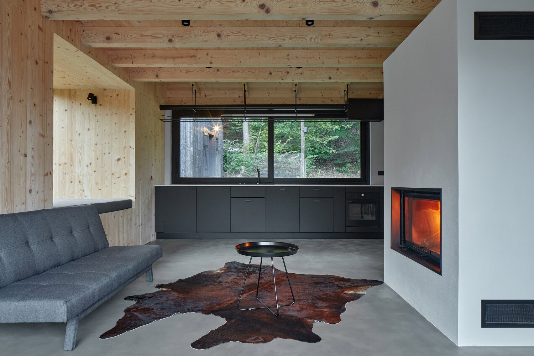 Casita de madera negra en el bosque salon