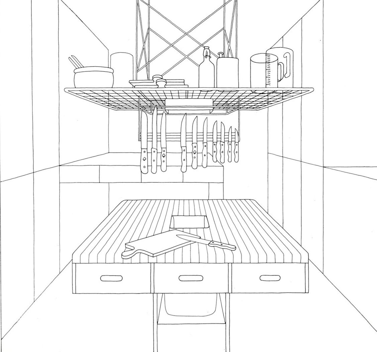 Ilustración para la portada del libro "Die Küche zum Kochen: Das Ende einer Architekturdoktrin" (La cocina para cocinar: el final de una doctrina arquitectónica), editado por bulthaup, 1982.