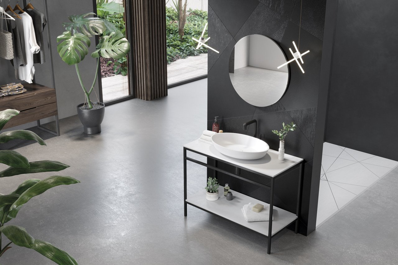 Paneles para dividir el baño de la firma Acquabella. Un panel divisor