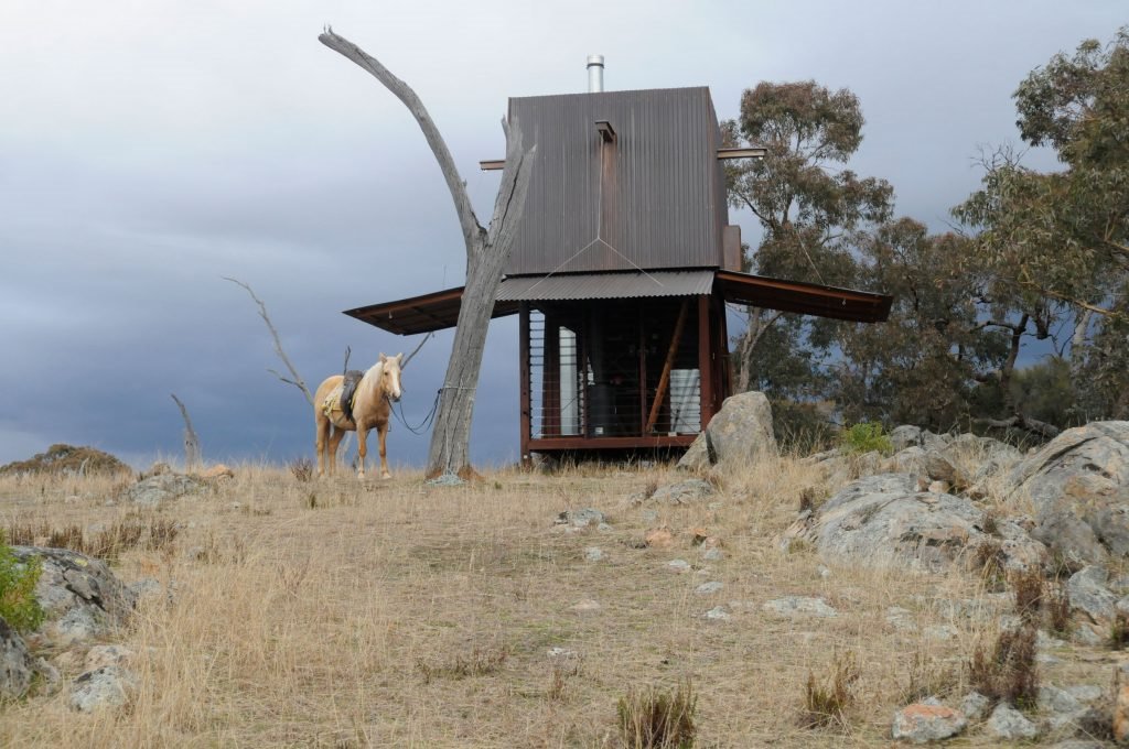Cabaña de madera con un caballo
