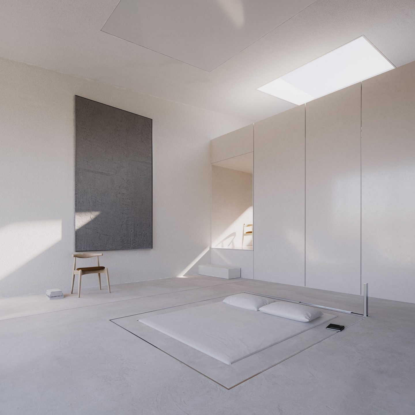 Casa de arquitectura moderna en grecia de color blanco dormitorio con cama enterrada