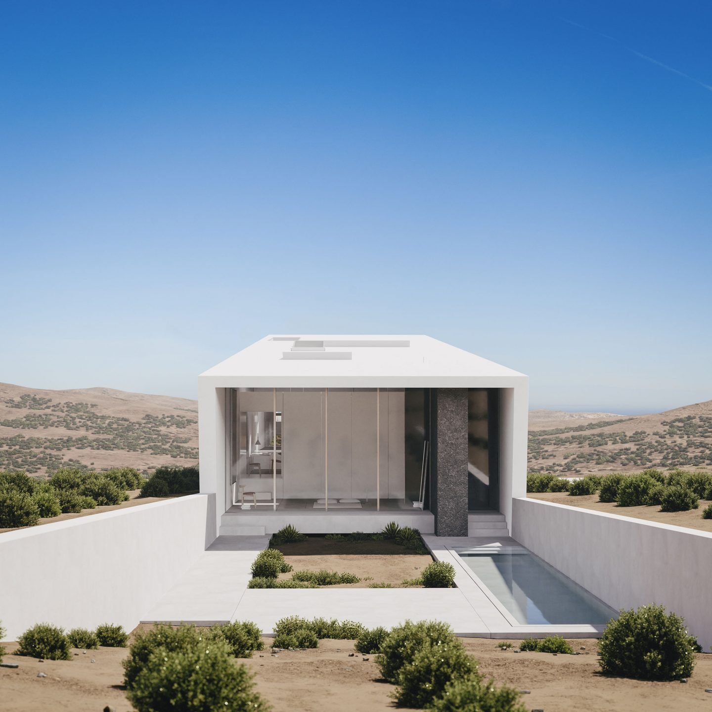 Casa de arquitectura moderna en grecia de color blanco patio interior