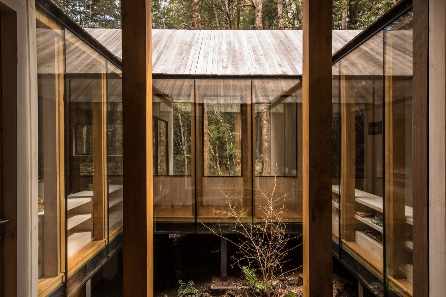 Casa de madera en mitad de los bosques de chile patio interior