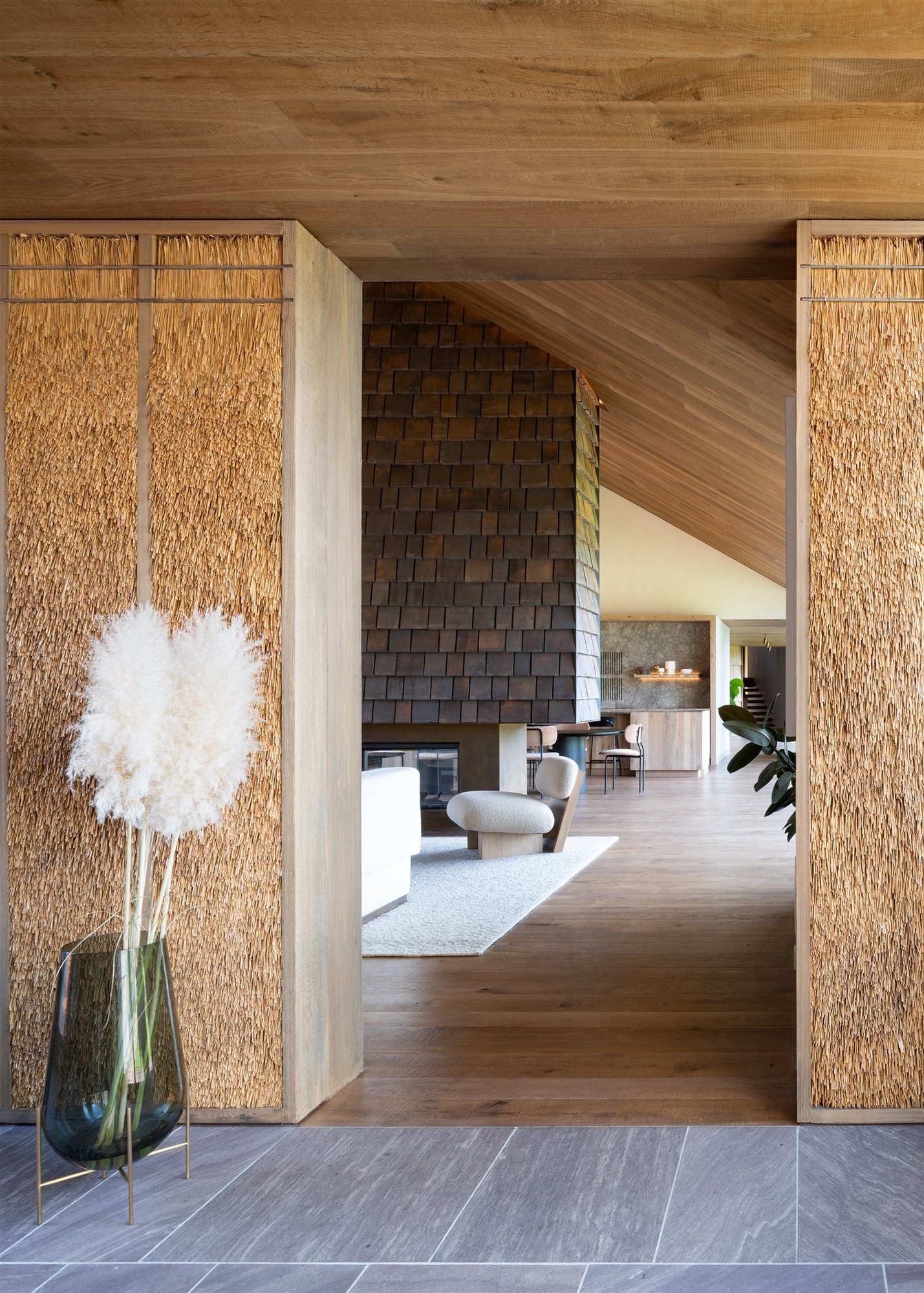 Casa moderna en el campo con fachada de paja entrada