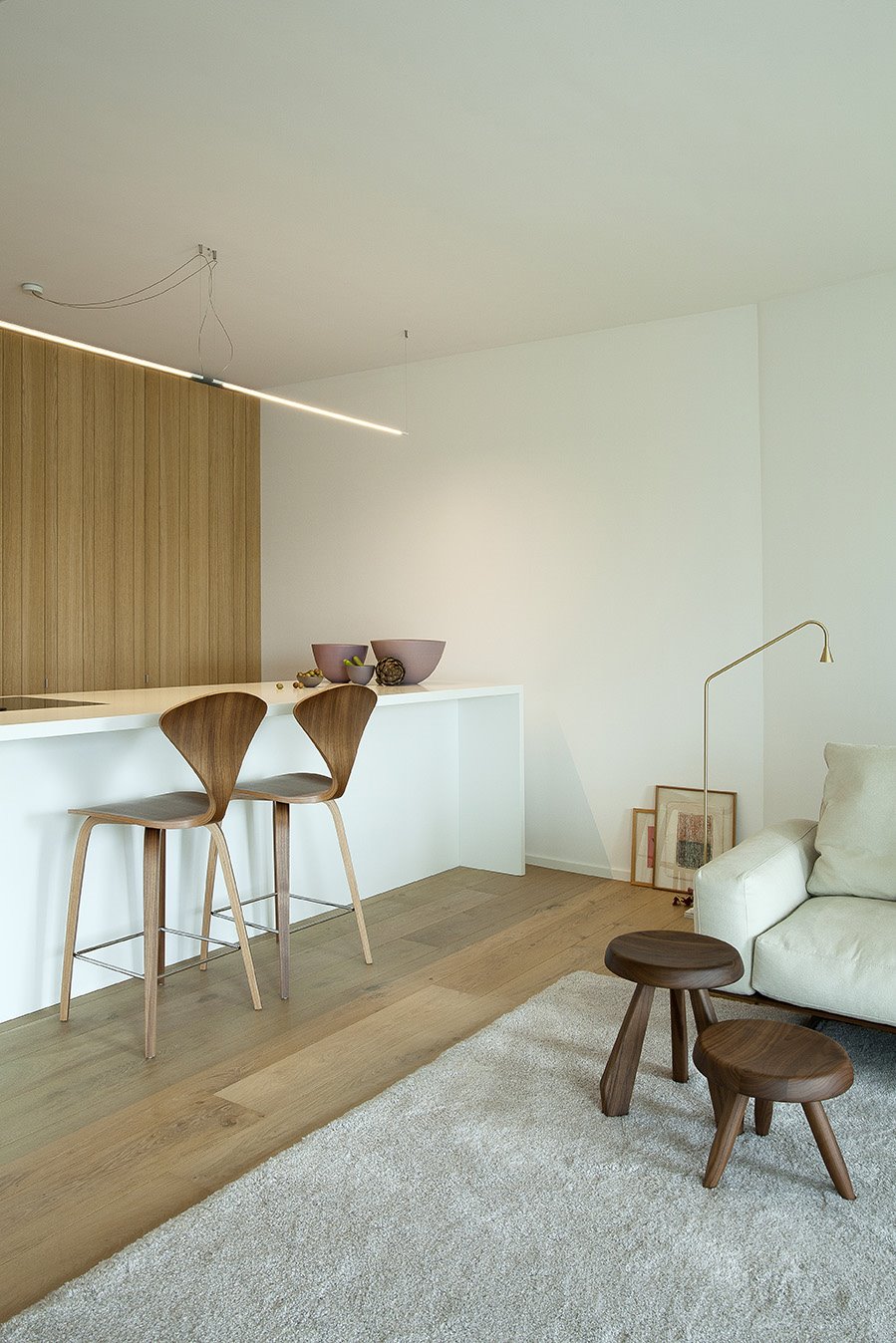 Piso con decoracion moderna en Francia con suelos y paredes de madera barra de cocina y salon