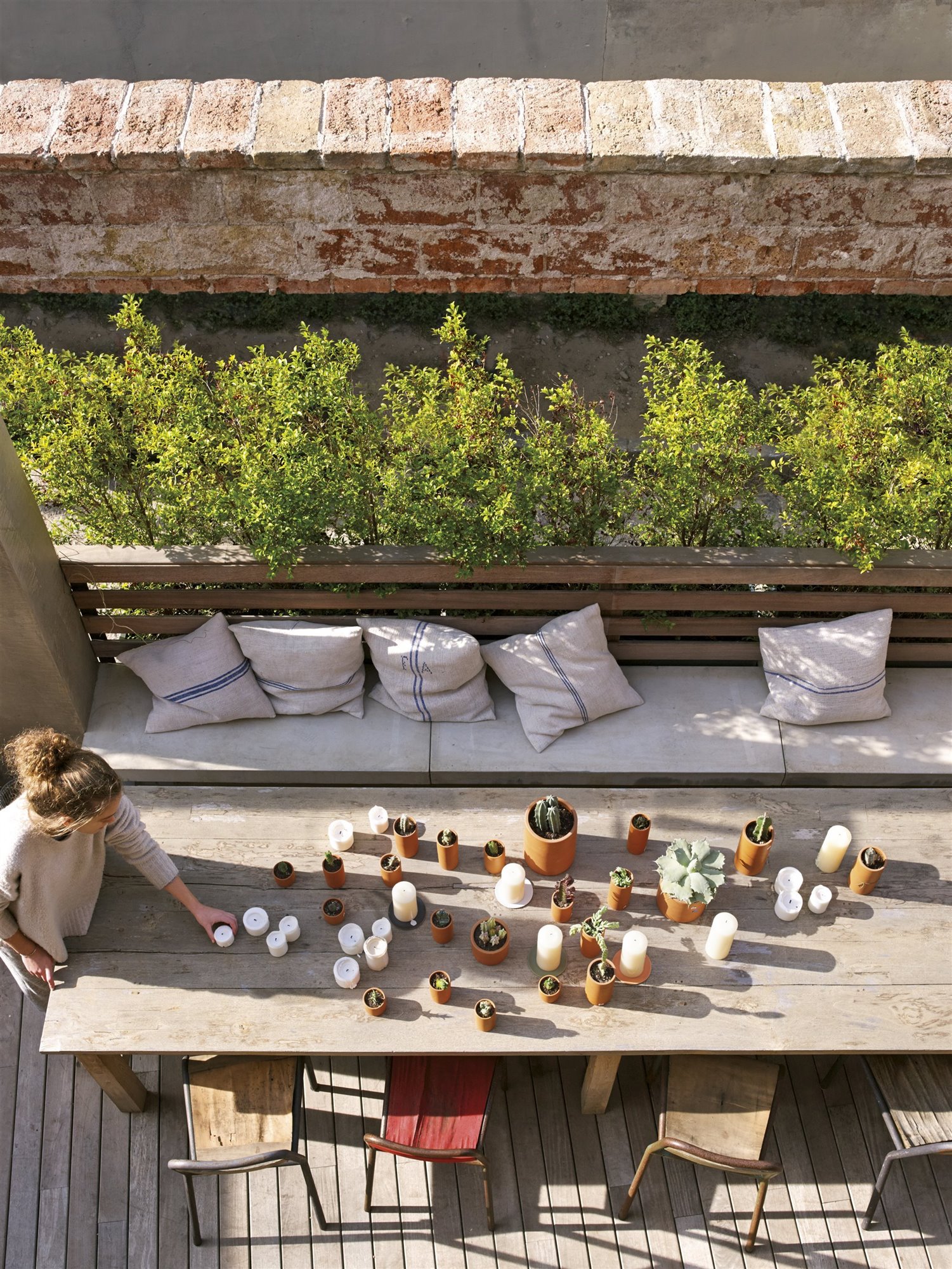 Terraza con macetas de barro con cactus