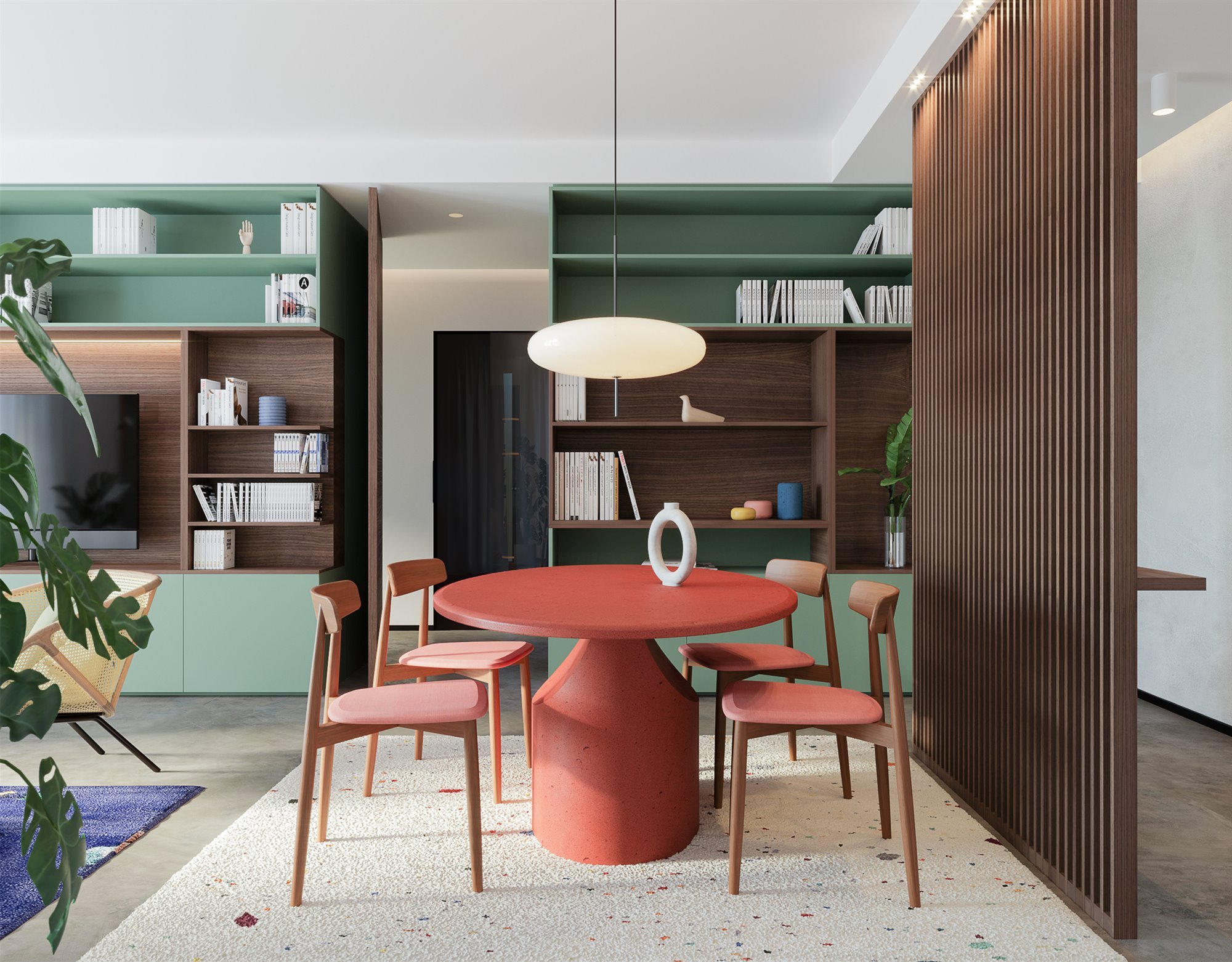 Piso en Roma con decoracion de interiores moderna comedor con mesa y sillas rojas