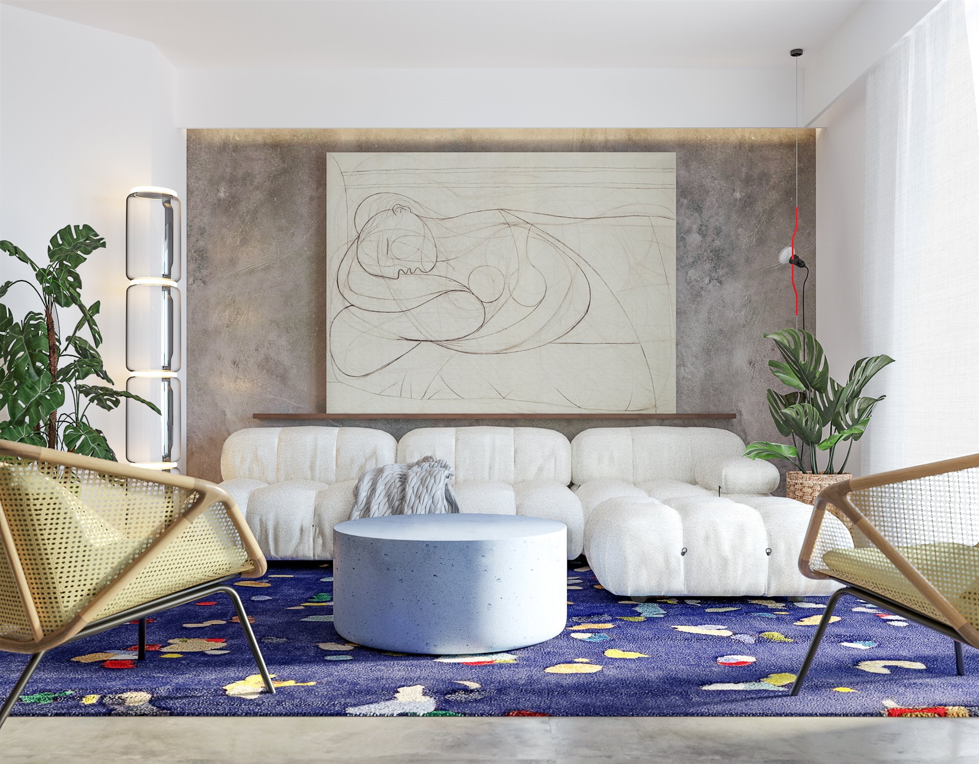 Piso en Roma con decoracion de interiores moderna salon con alfombra de color azul y butacas amarillas