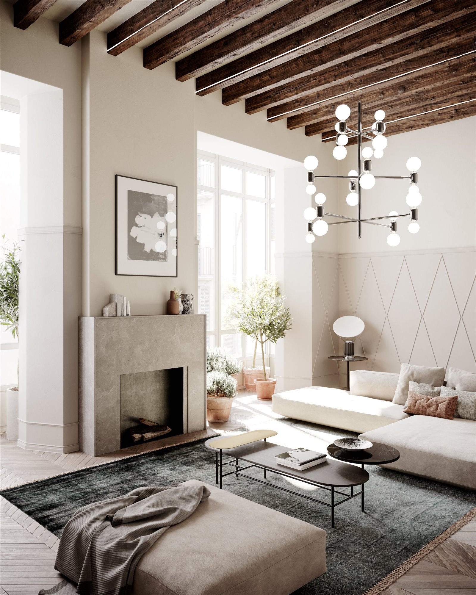 Casa de vacaciones en Palma de Mallorca con piscina en el tejado salon con chimenea