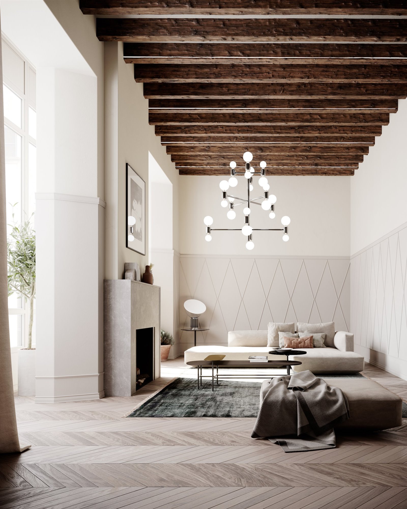 Casa de vacaciones en Palma de Mallorca con piscina en el tejado salon con techo de vigas de madera