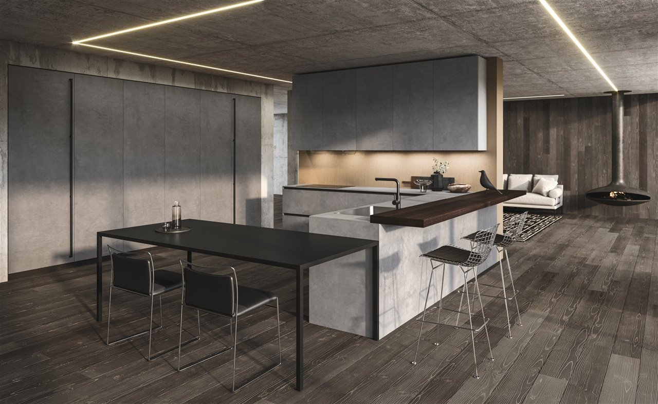 Gracias a los nuevos equipamientos internos Ak_Project de Arrital y una iluminación específica se consigue optimizar cualquier cocina. Por ejemplo, la barra voladiza amplía los espacios y resalta los volúmenes arquitectónicos de la composición.